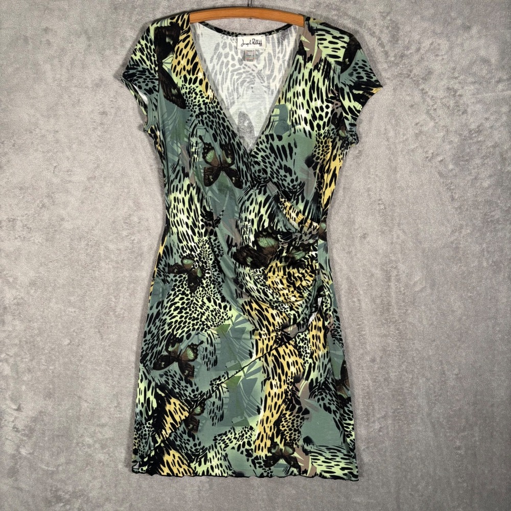 Joseph Ribkoff Faux Wrap‎ Dress Size 10 Butterfly Leopard Print Green Yellow Y2K